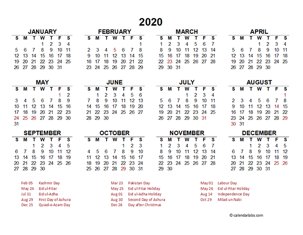 2020 Pakistan Yearly Calendar Template Excel