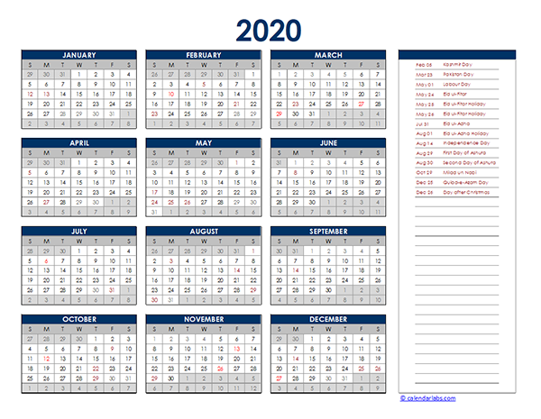 2020 Pakistan Yearly Excel Calendar