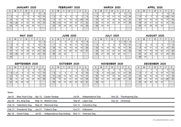 2020 PDF Yearly Calendar With Holidays