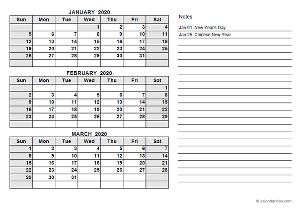 2020 Philippines Quarterly Calendar Template