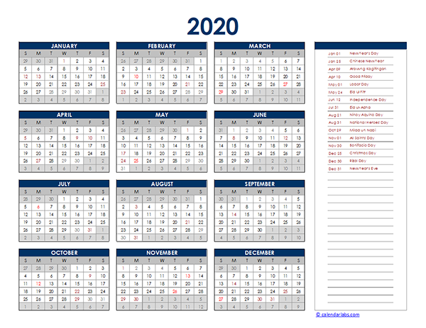 2020 Philippines Yearly Excel Calendar