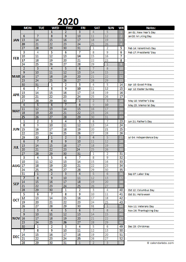 2020 Business Project Planning Calendar with Week Number