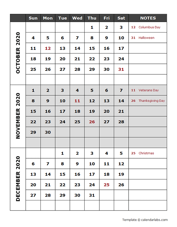 2020 Quarterly Calendar Template