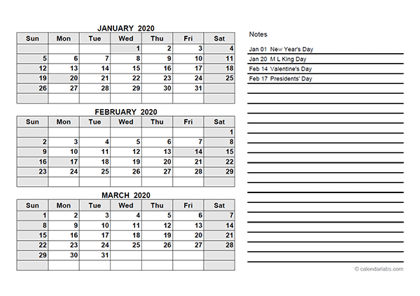 2020 Quarterly Calendar PDF