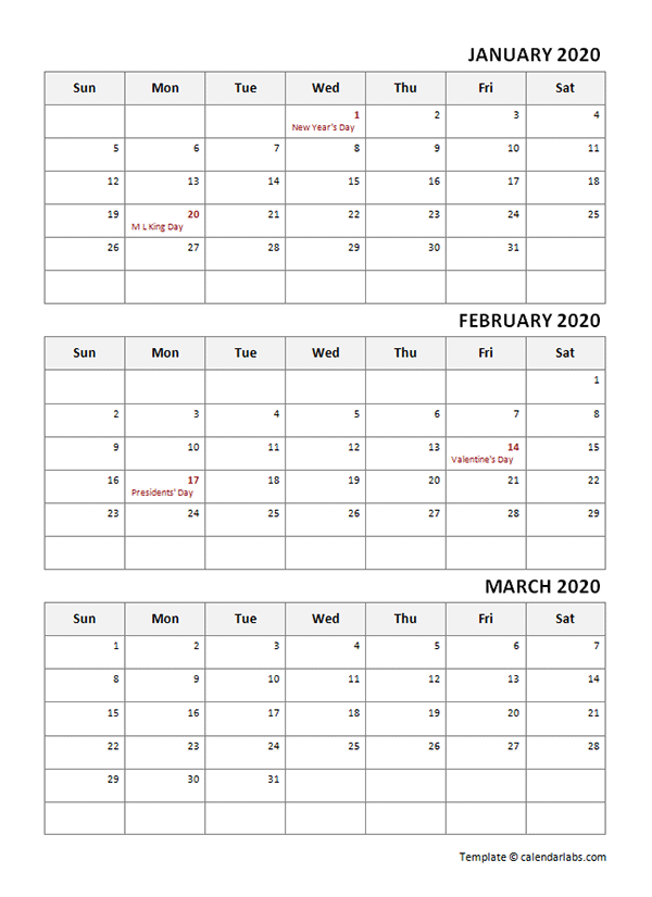 2020 Quarterly Calendar With Holidays