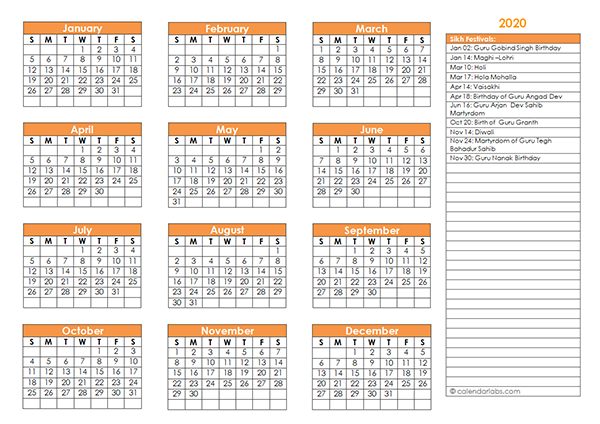 2020 Sikh Festivals Calendar Template