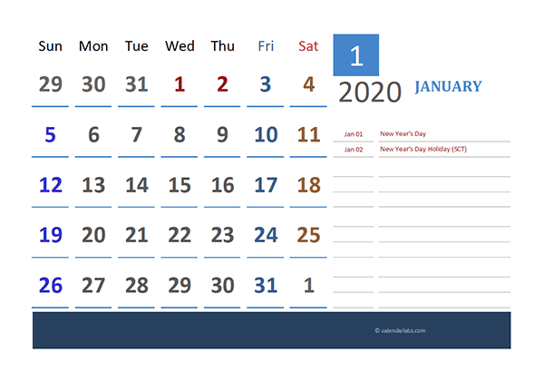 2020 Singapore Calendar for Vacation Tracking