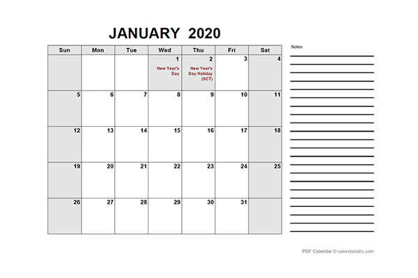 2020 Singapore Free Calendar PDF Template