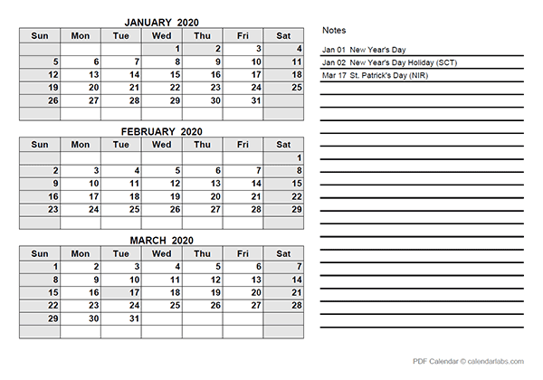 2020 Singapore Quarterly Calendar Template