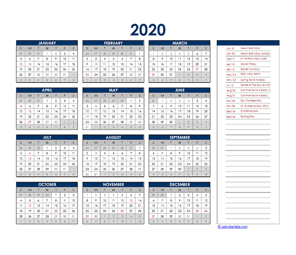 2020 Singapore Yearly Excel Calendar