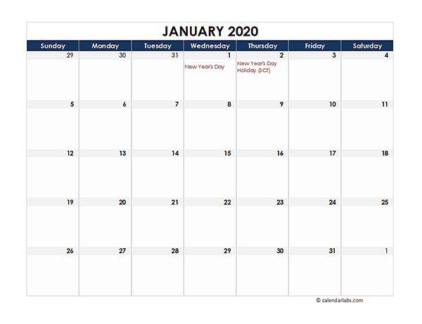 2020 South Africa Calendar Spreadsheet Template