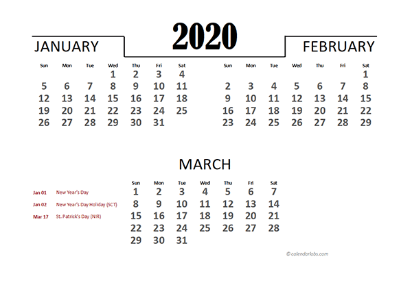 2020 South Africa Excel Quarterly Calendar