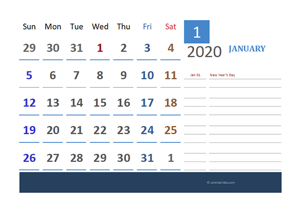 2020 Thailand Calendar for Vacation Tracking