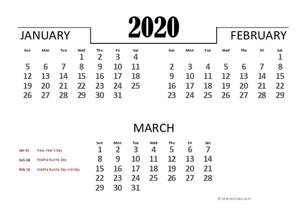 2020 Thailand Excel Quarterly Calendar