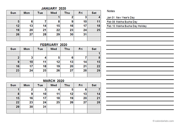 2020 Thailand Quarterly Calendar Template