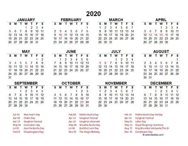 2020 Thailand Yearly Calendar Template Excel