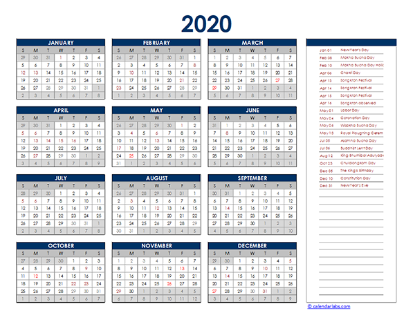 2020 Thailand Yearly Excel Calendar