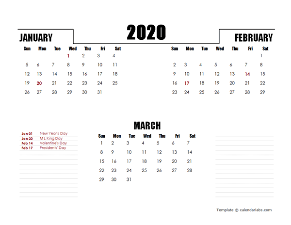 2020 Three Months Calendar Template