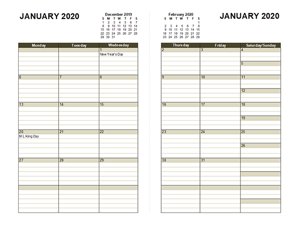 2020 Two Page Monthly Calendar A3