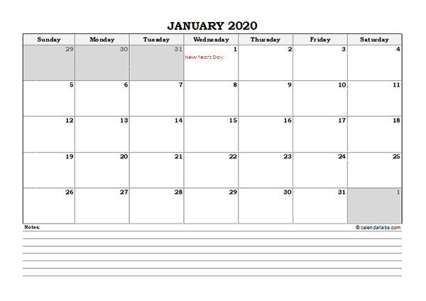 2020 UAE Monthly Calendar with Notes