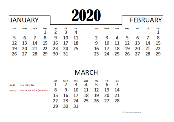 2020 UAE Excel Quarterly Calendar