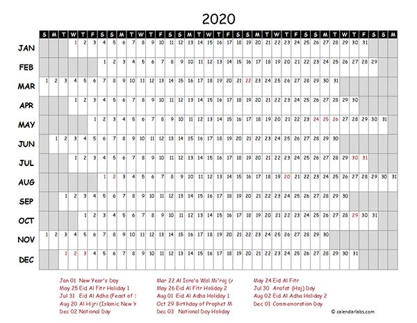 2020 UAE Project Timeline Calendar