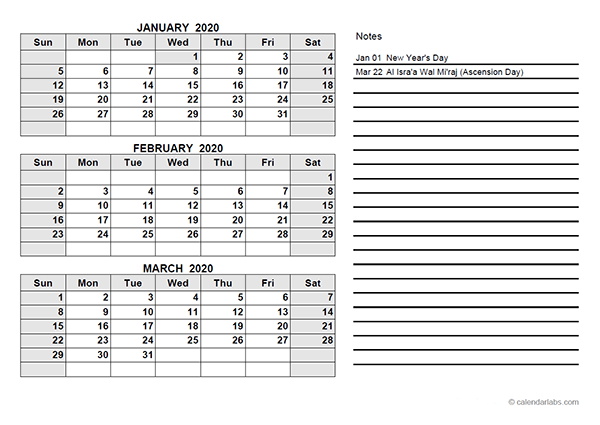 2020 UAE Quarterly Calendar Template