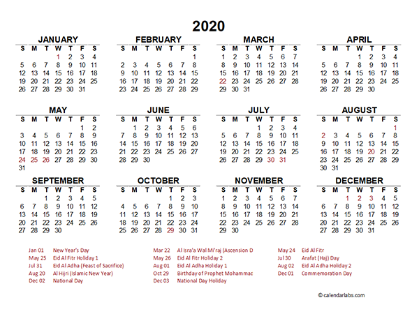 2020 UAE Yearly Calendar Template Excel