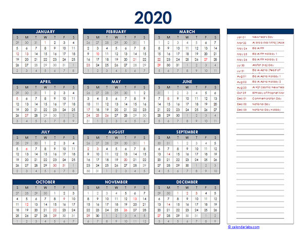 2020 UAE Yearly Excel Calendar