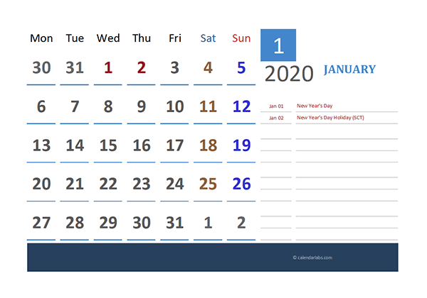 2020 UK Calendar for Vacation Tracking