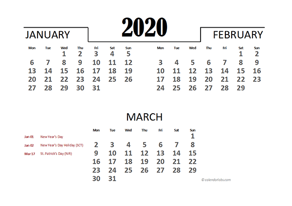 2020 UK Excel Quarterly Calendar