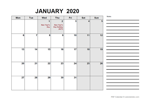 2020 UK Free Calendar PDF Template