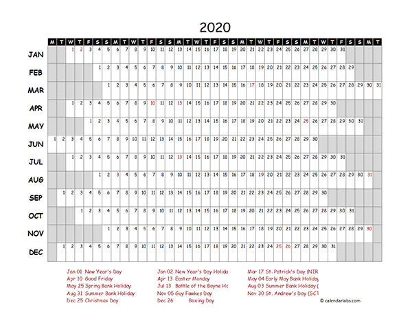 2020 UK Project Timeline Calendar