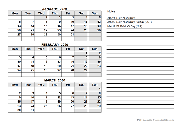 2020 UK Quarterly Calendar Template