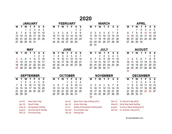 2020 UK Yearly Calendar Template Excel