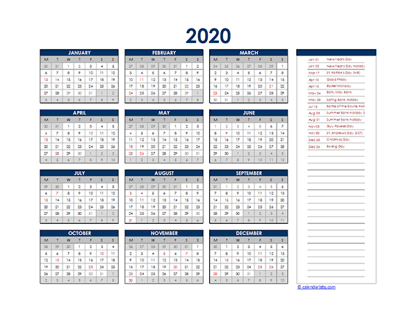 2020 UK Yearly Excel Calendar