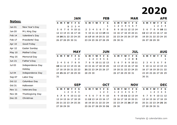 2020 Year Calendar Template with US Holidays