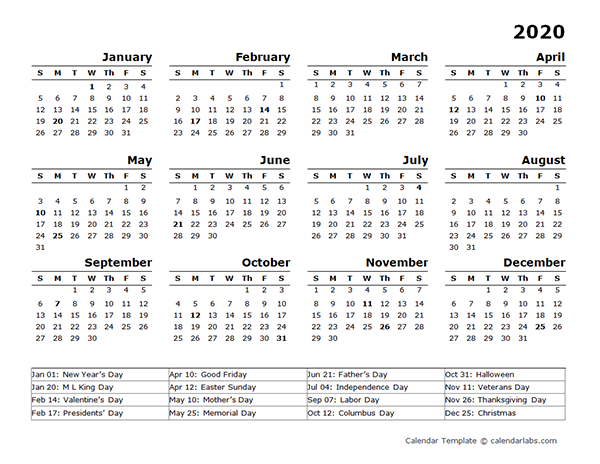 2020 Year Calendar Template with US Holidays