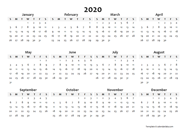 2020 Yearly Blank Calendar Template