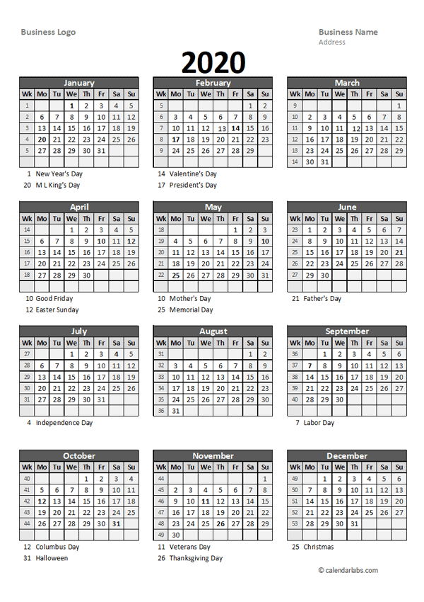 2020 Yearly Business Calendar with Week Number