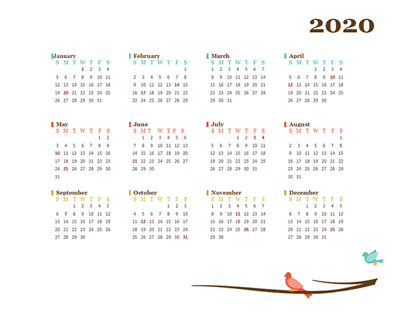 2020 Yearly Word Calendar Design Template