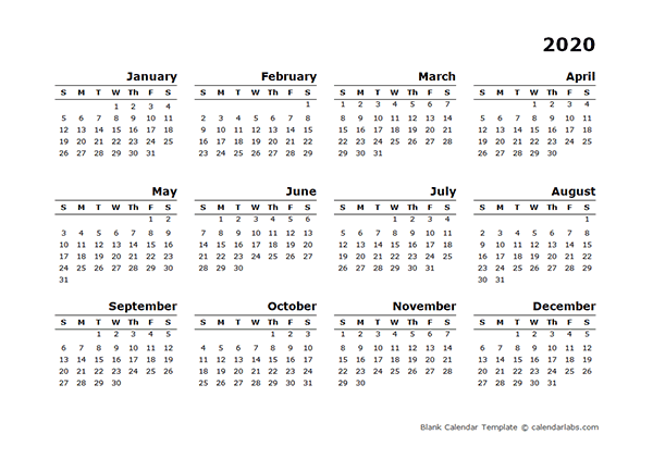 2020 Yearly Calendar Blank Minimal Design