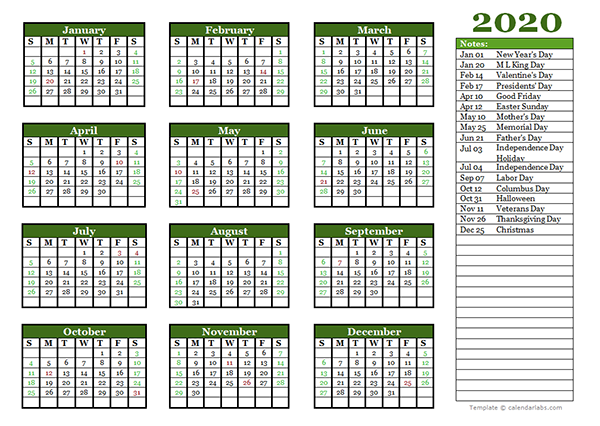 Editable 2020 Yearly Calendar Landscape