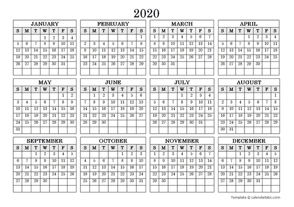 2020 Blank Yearly Calendar Landscape Free Printable Templates