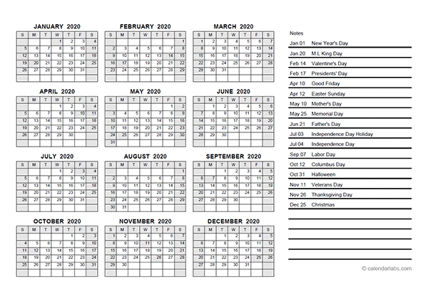 2020 Yearly Calendar PDF
