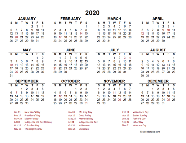2020 Yearly Calendar Template Excel