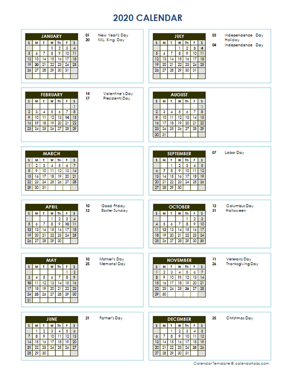 2020 Full Year Calendar Vertical Template