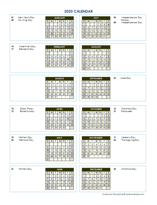 2020 Annual Calendar Vertical Template