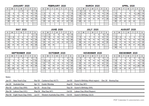 2020 Yearly Calendar With Australia Holidays