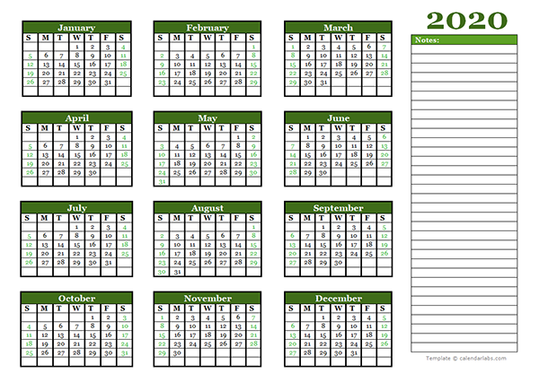 2020 Yearly Calendar With Blank Notes